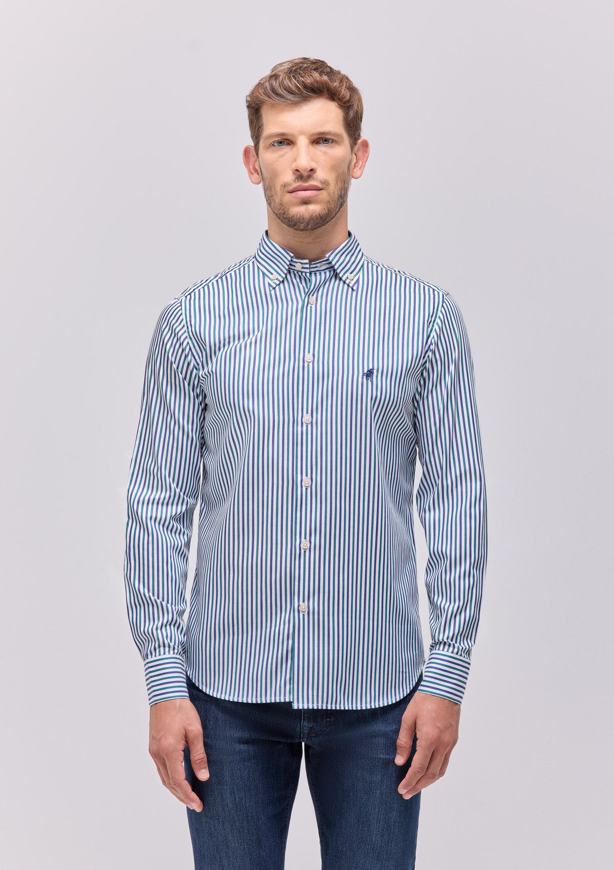 Camicia Collo button down Tinta Unita Indaco Chambray da