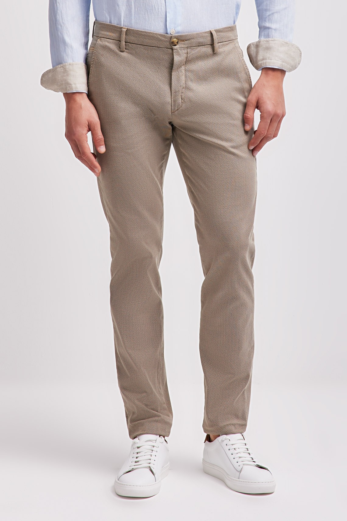 CHINO TROUSERS IN TOBACCO STRETCH PRINTED GABARDINE