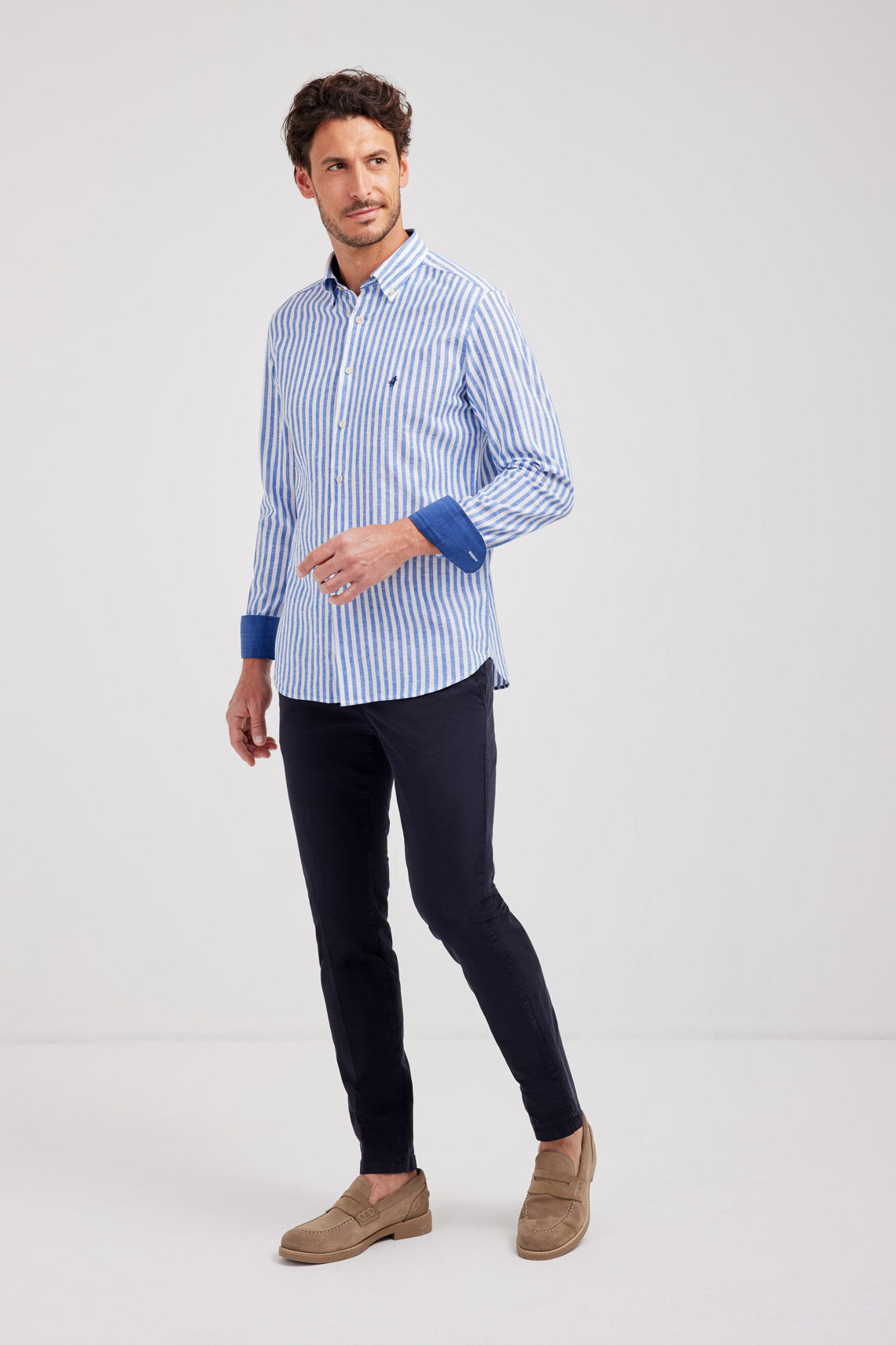 CAMICIA COLLO BUTTON LINO E COTONE RIGATA