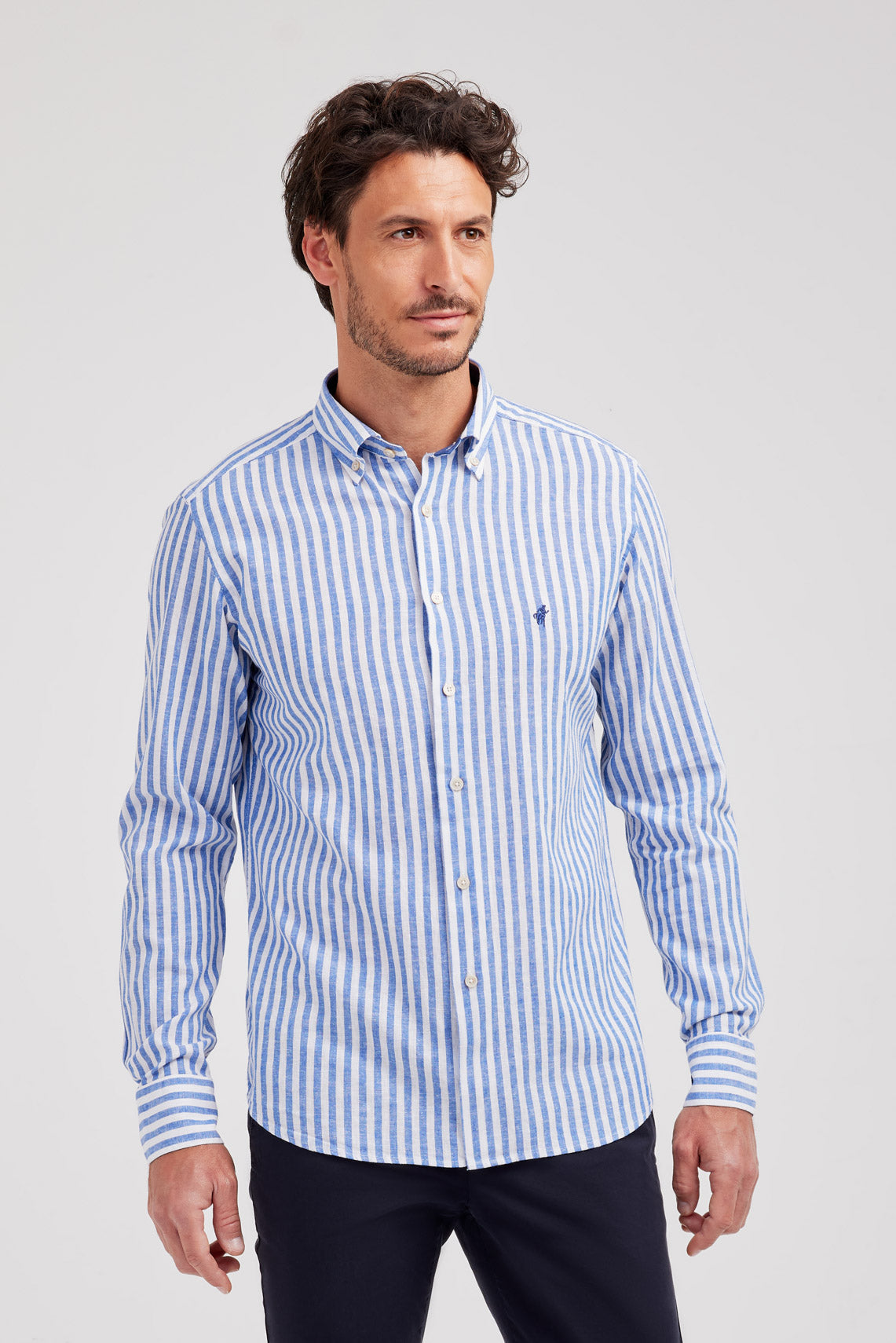 CAMICIA COLLO BUTTON LINO E COTONE RIGATA