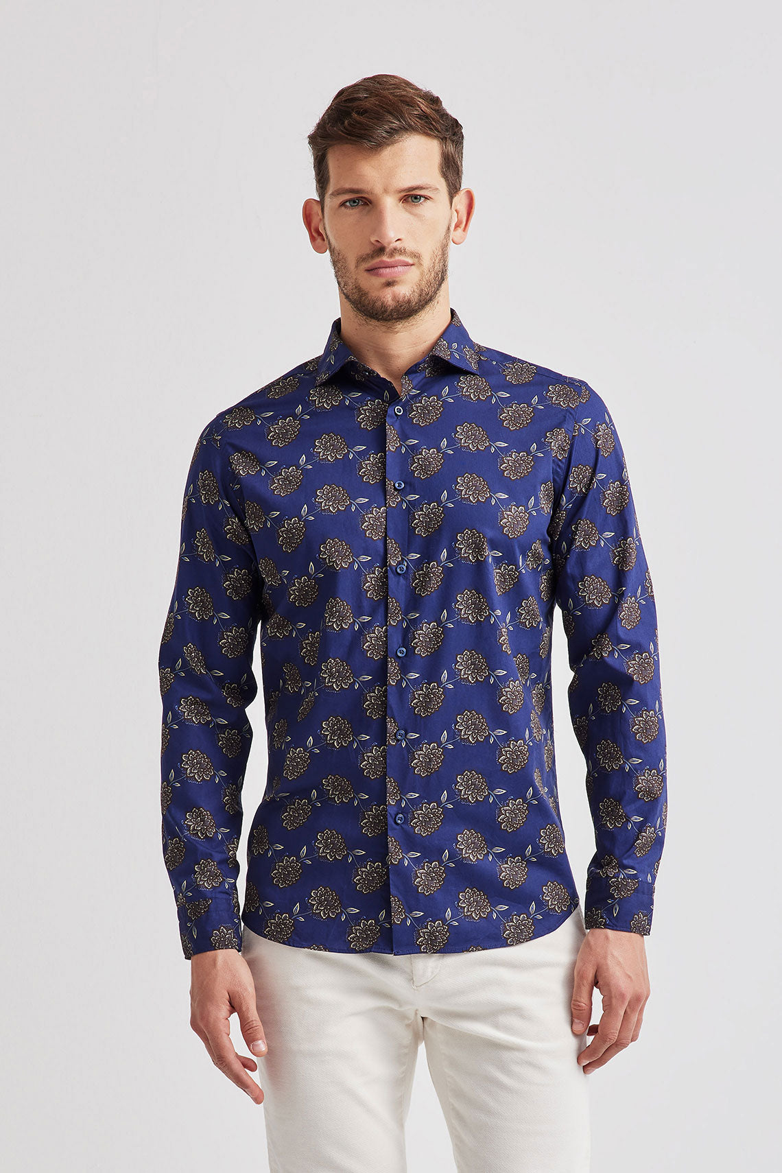 Camicia in popeline stampa floreale con collo francese