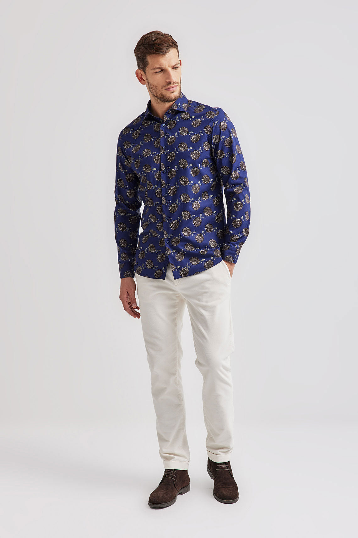 Camicia in popeline stampa floreale con collo francese