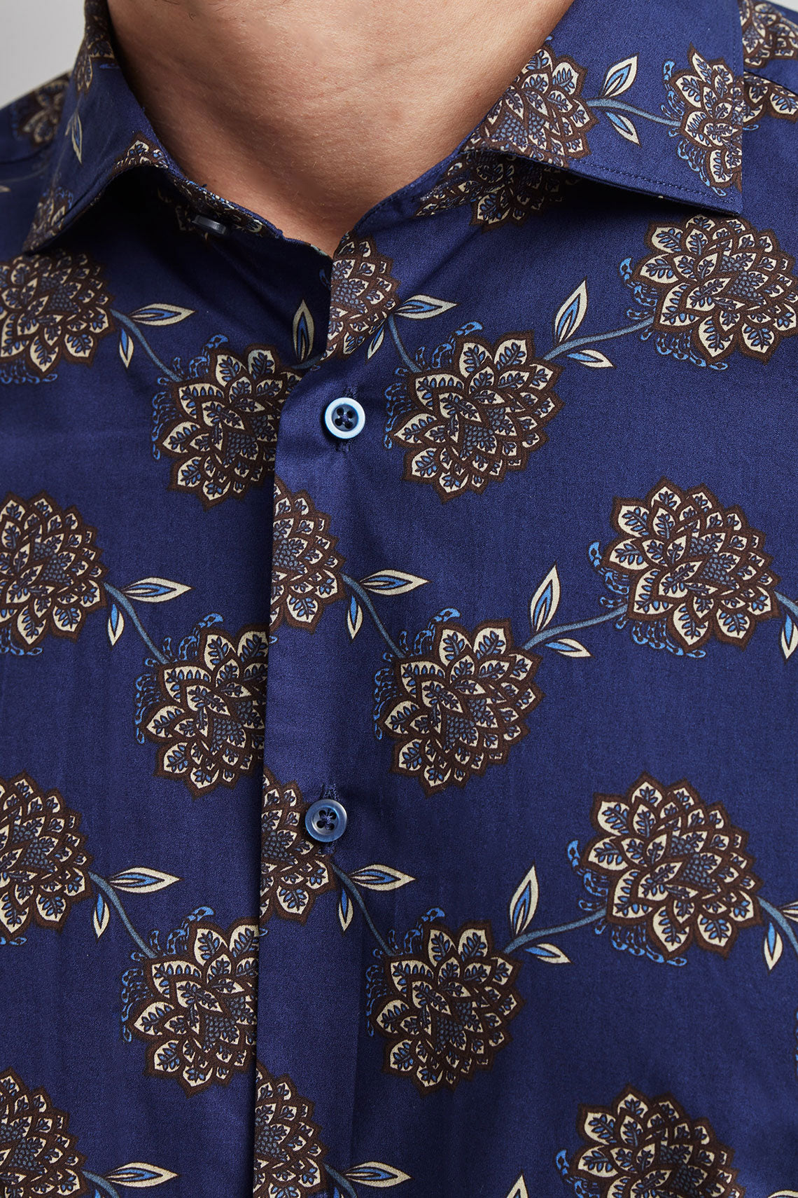 Camicia in popeline stampa floreale con collo francese