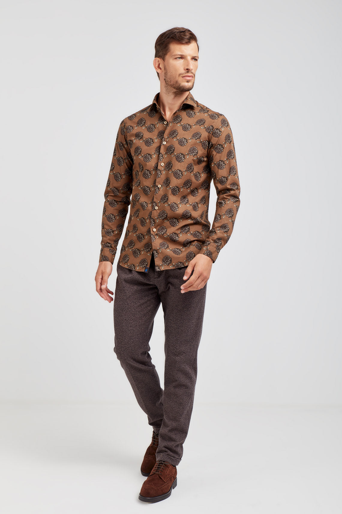 Camicia in popeline stampa floreale con collo francese