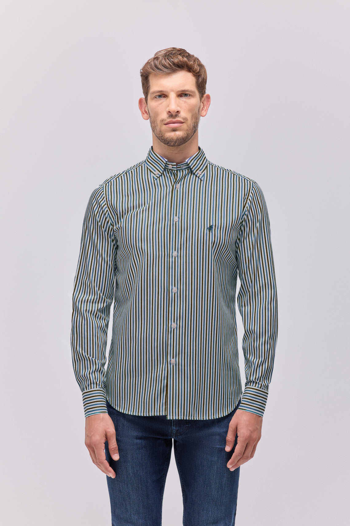Striped shirt with contrasts and button-down collar custom fit