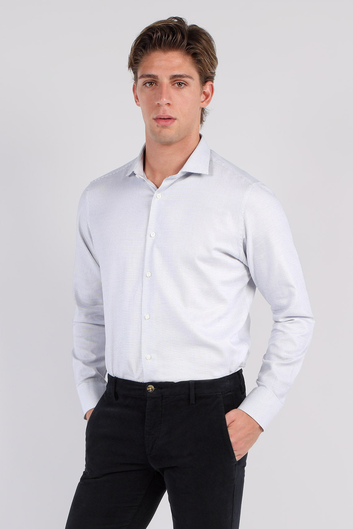 Camicia in cotone microfantasia con collo francese custom fit