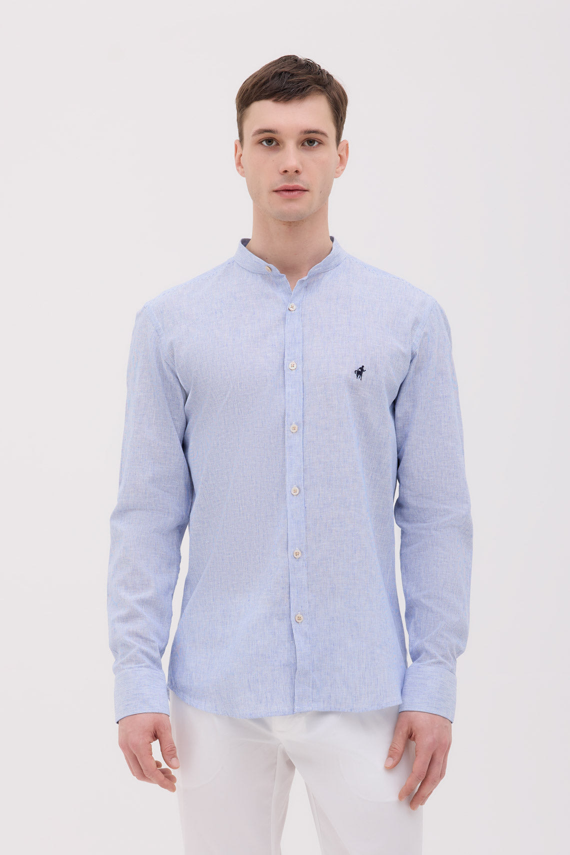 CAMICIA COLLO COREANO MISTO LINO RIGATO