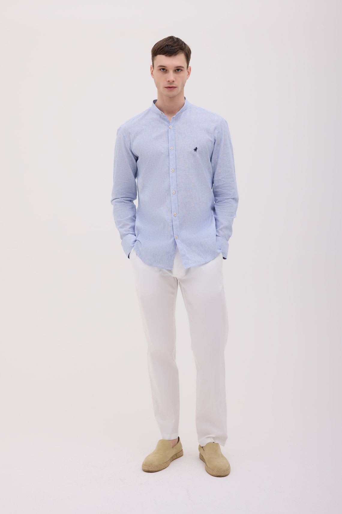 CAMICIA COLLO COREANO MISTO LINO RIGATO