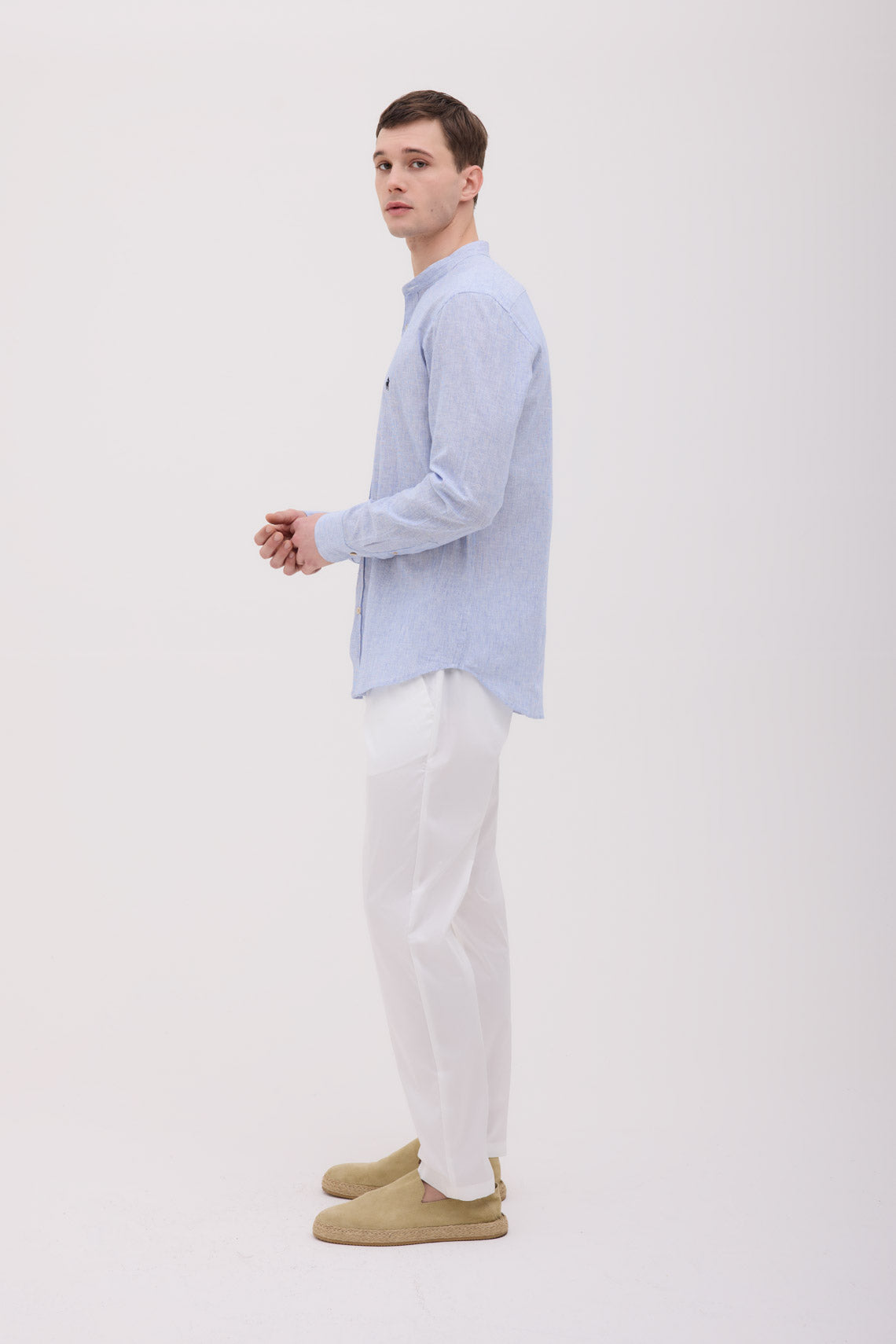 CAMICIA COLLO COREANO MISTO LINO RIGATO