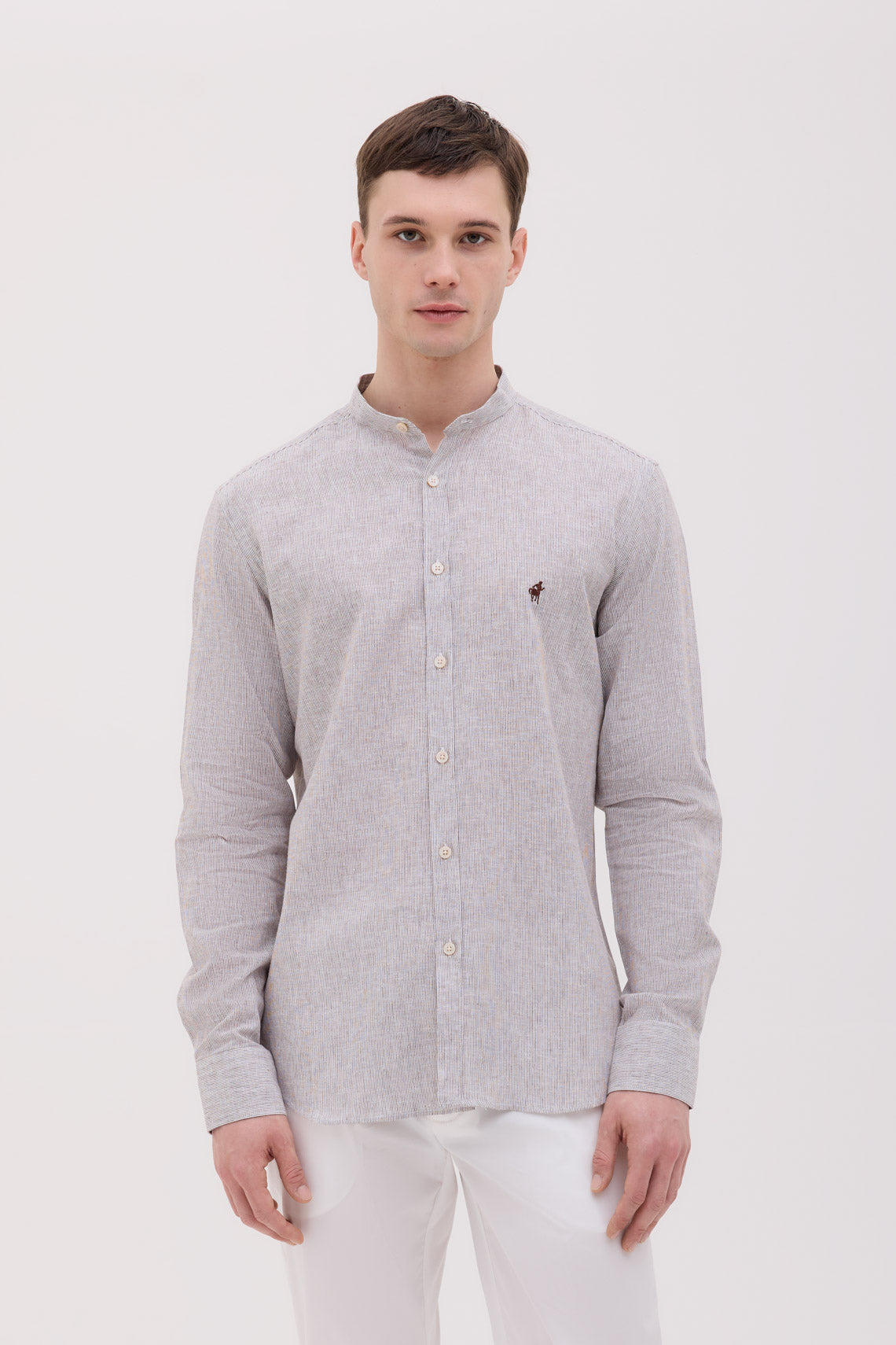 CAMICIA COLLO COREANO MISTO LINO RIGATO