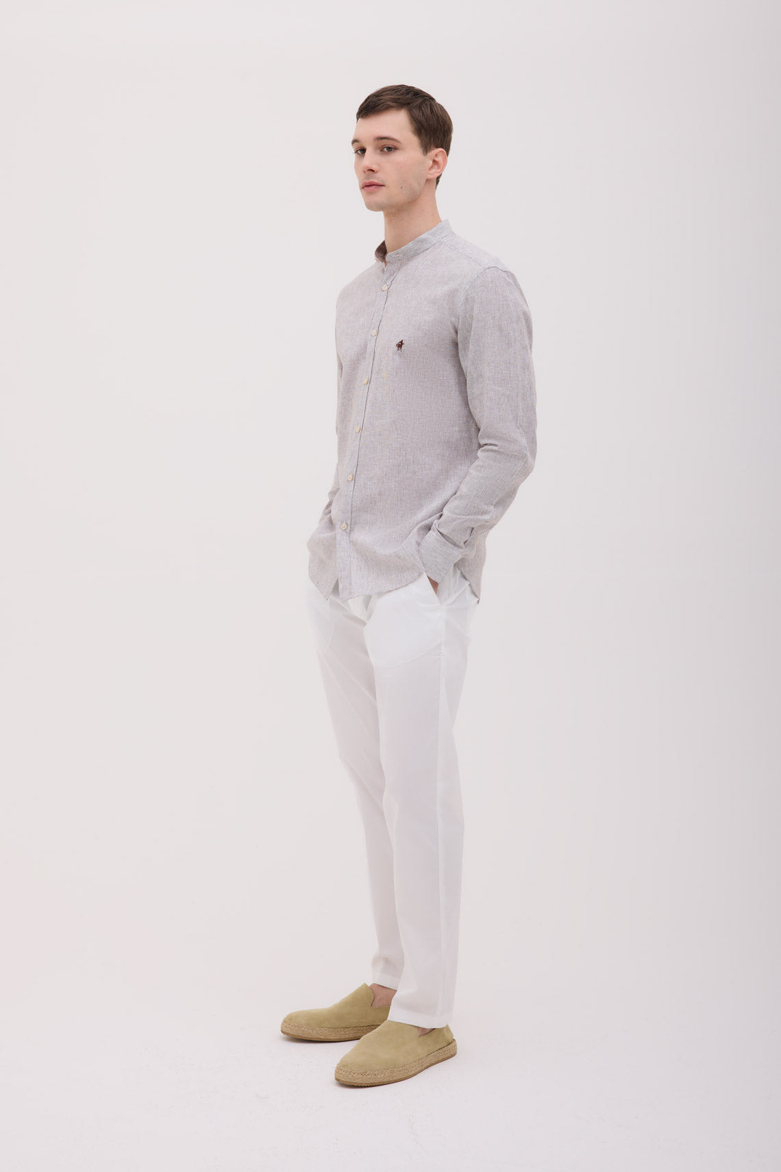 CAMICIA COLLO COREANO MISTO LINO RIGATO