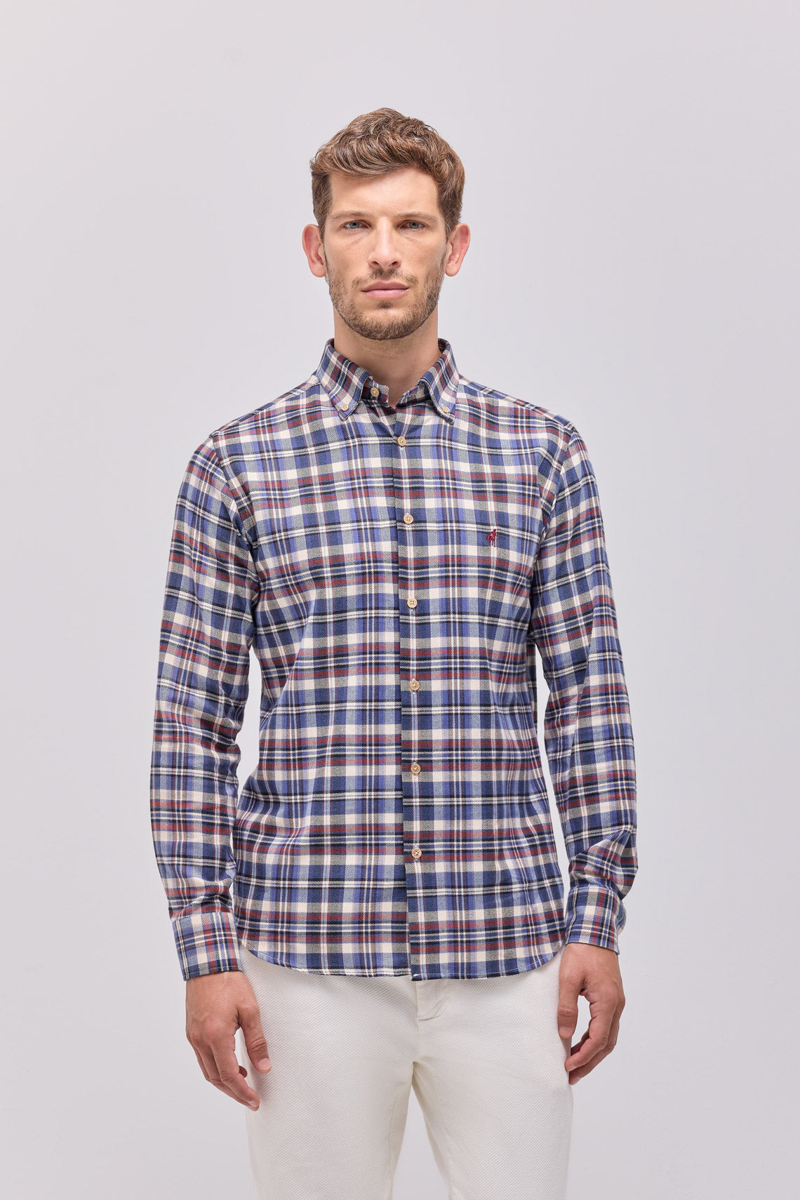 Cotton flannel check shirt with button-down collar