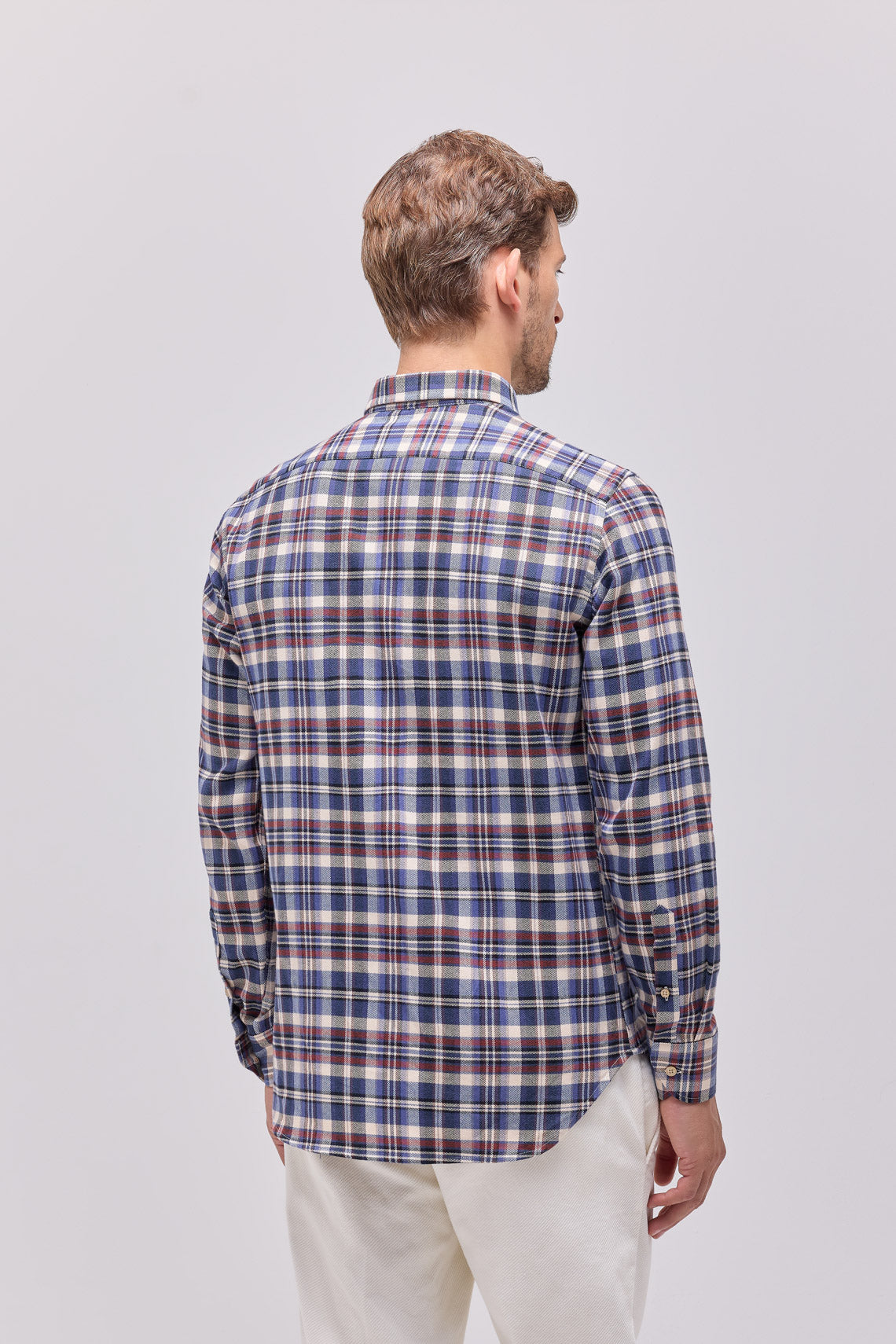 Cotton flannel check shirt with button-down collar