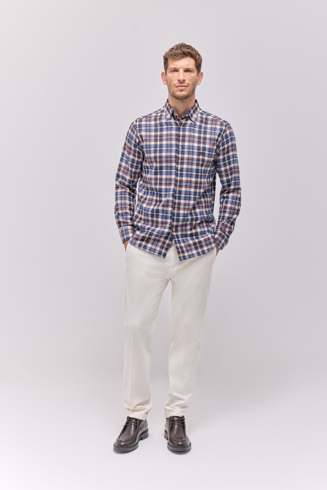 Cotton flannel check shirt with button-down collar