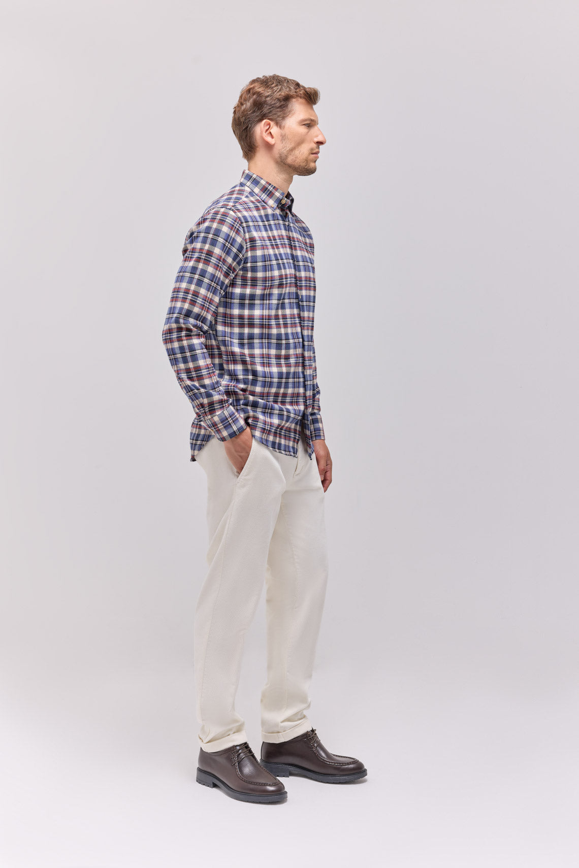 Cotton flannel check shirt with button-down collar