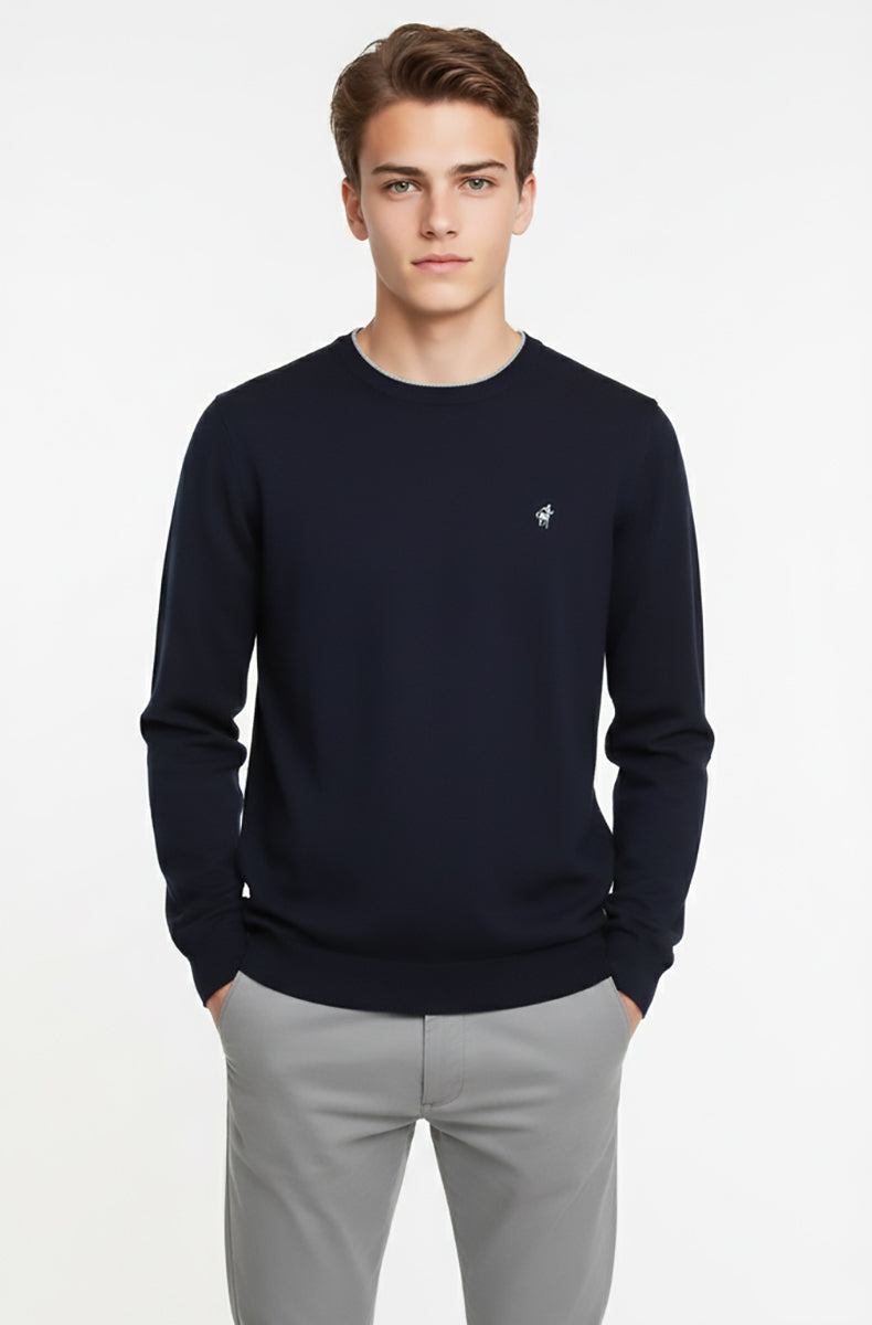 Crewneck sweater in cotton and wool with contrast details