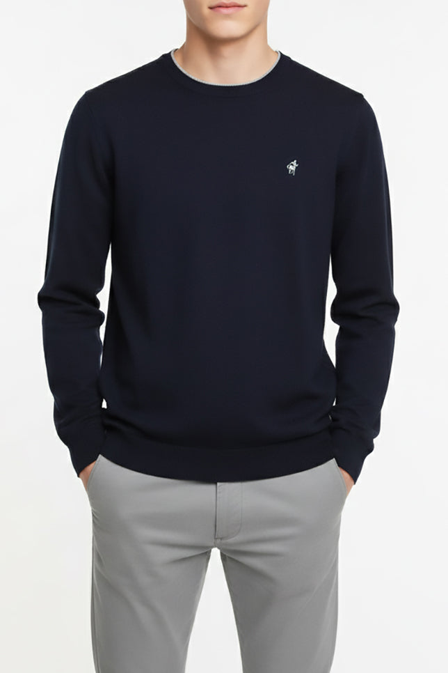 Crewneck sweater in cotton and wool with contrast details