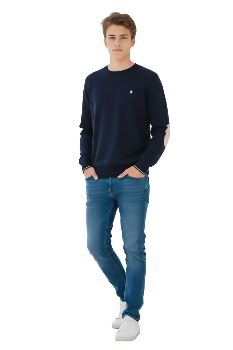 Crewneck sweater in combed wool with alcantara patches