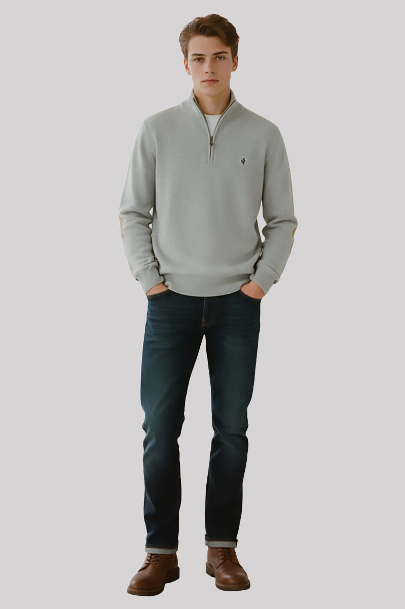 Mock neck sweater in lambswool with alcantara patches
