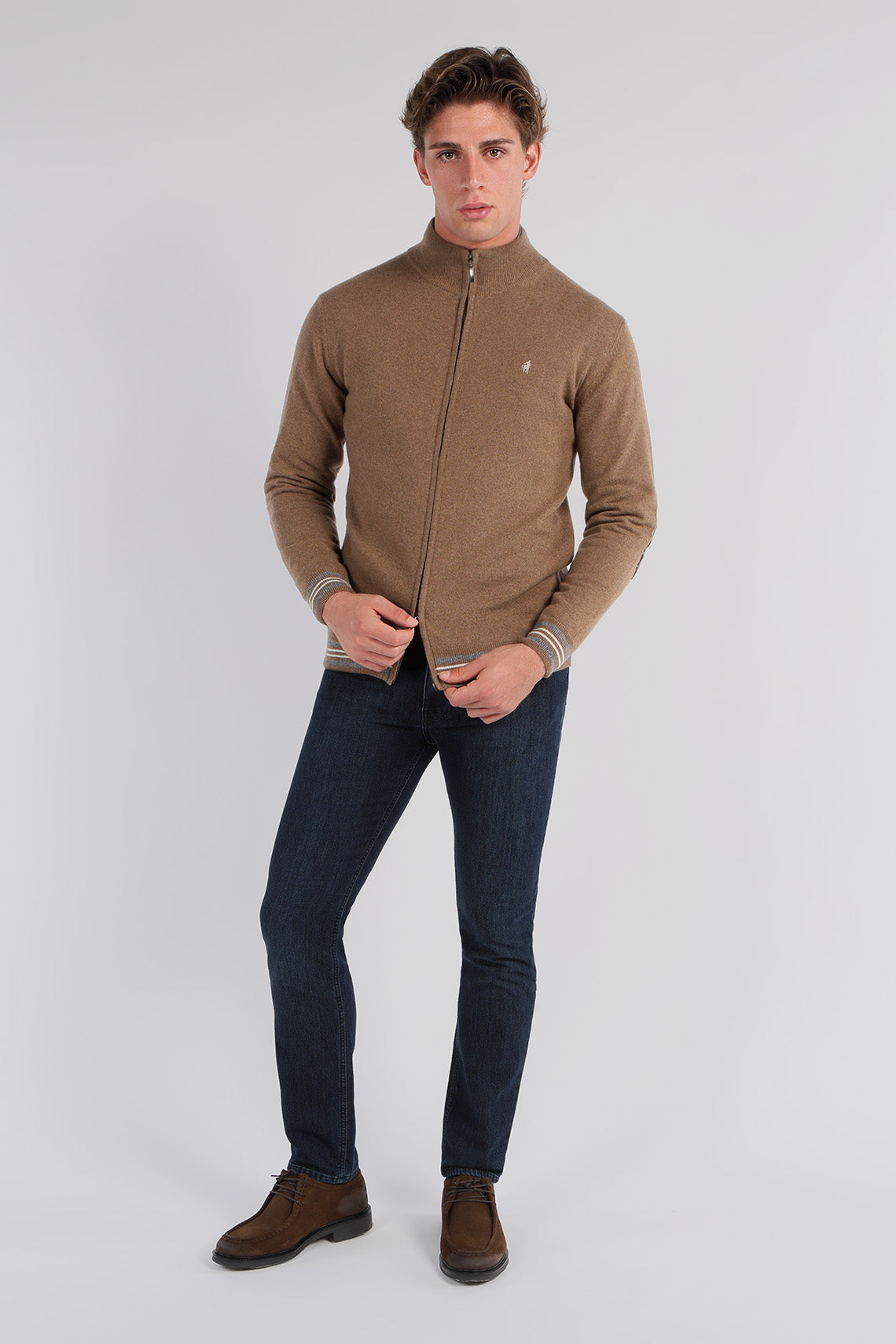 Full zip cardigan in lambswool with alcantara patches