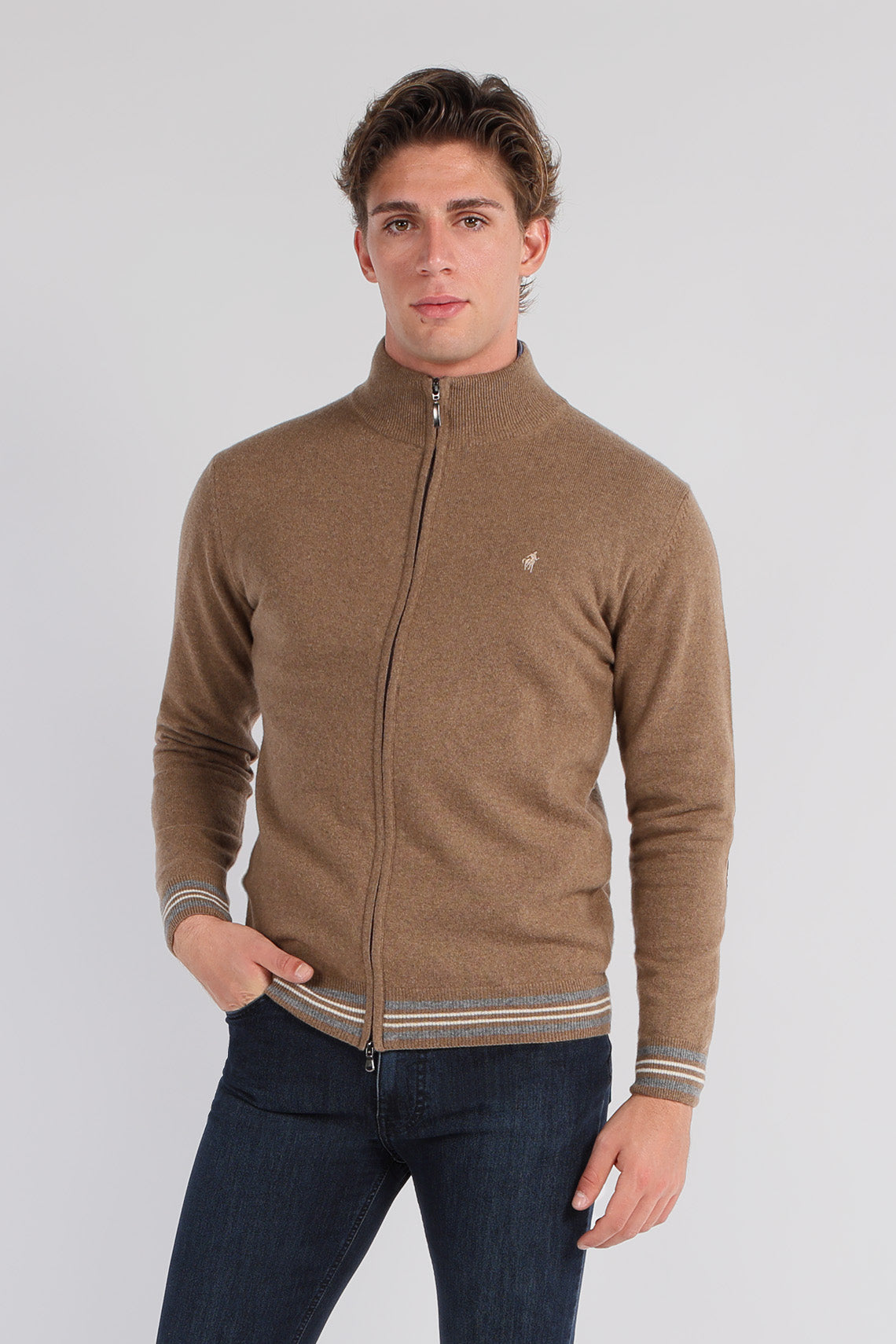 Full zip cardigan in lambswool with alcantara patches