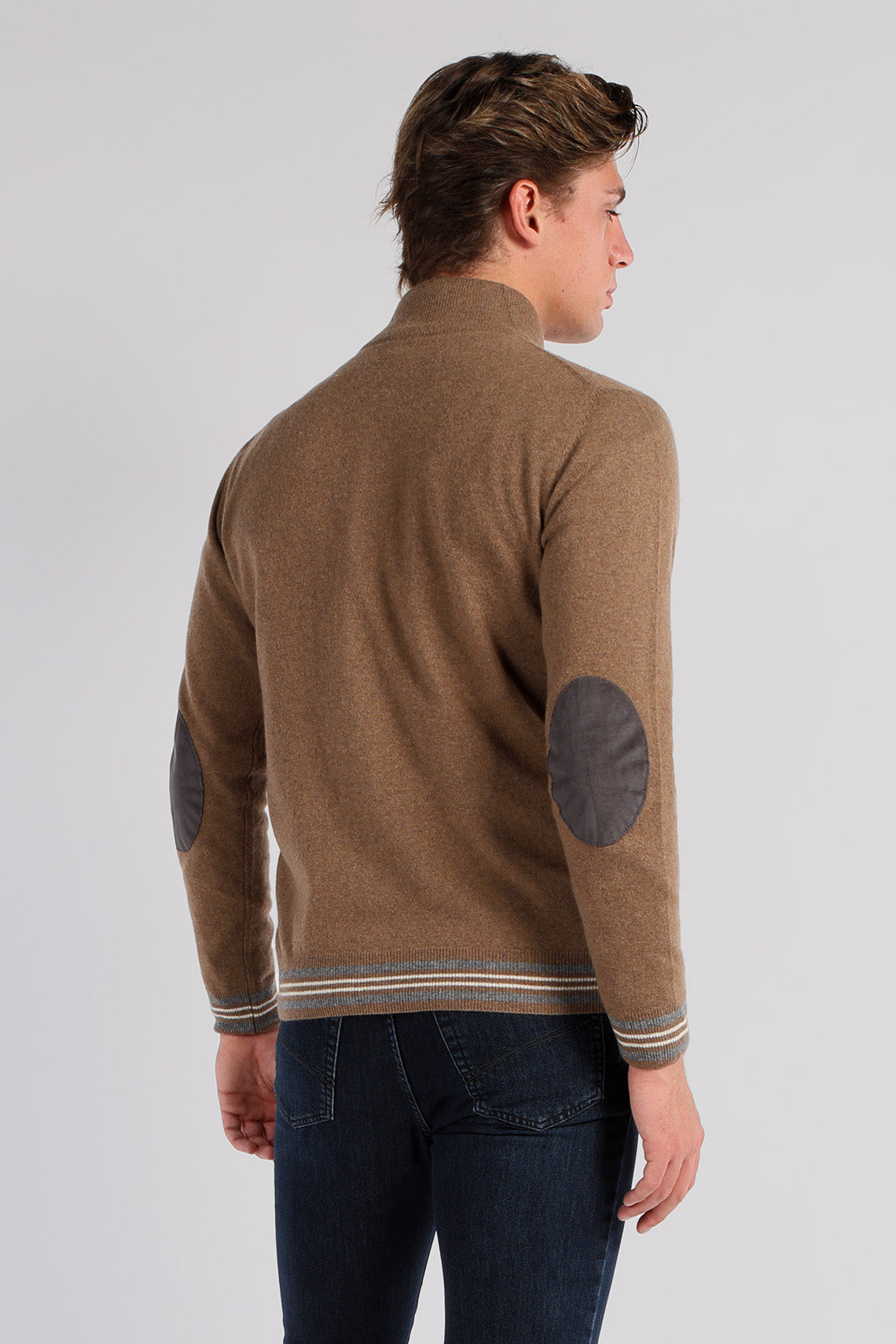 Full zip cardigan in lambswool with alcantara patches