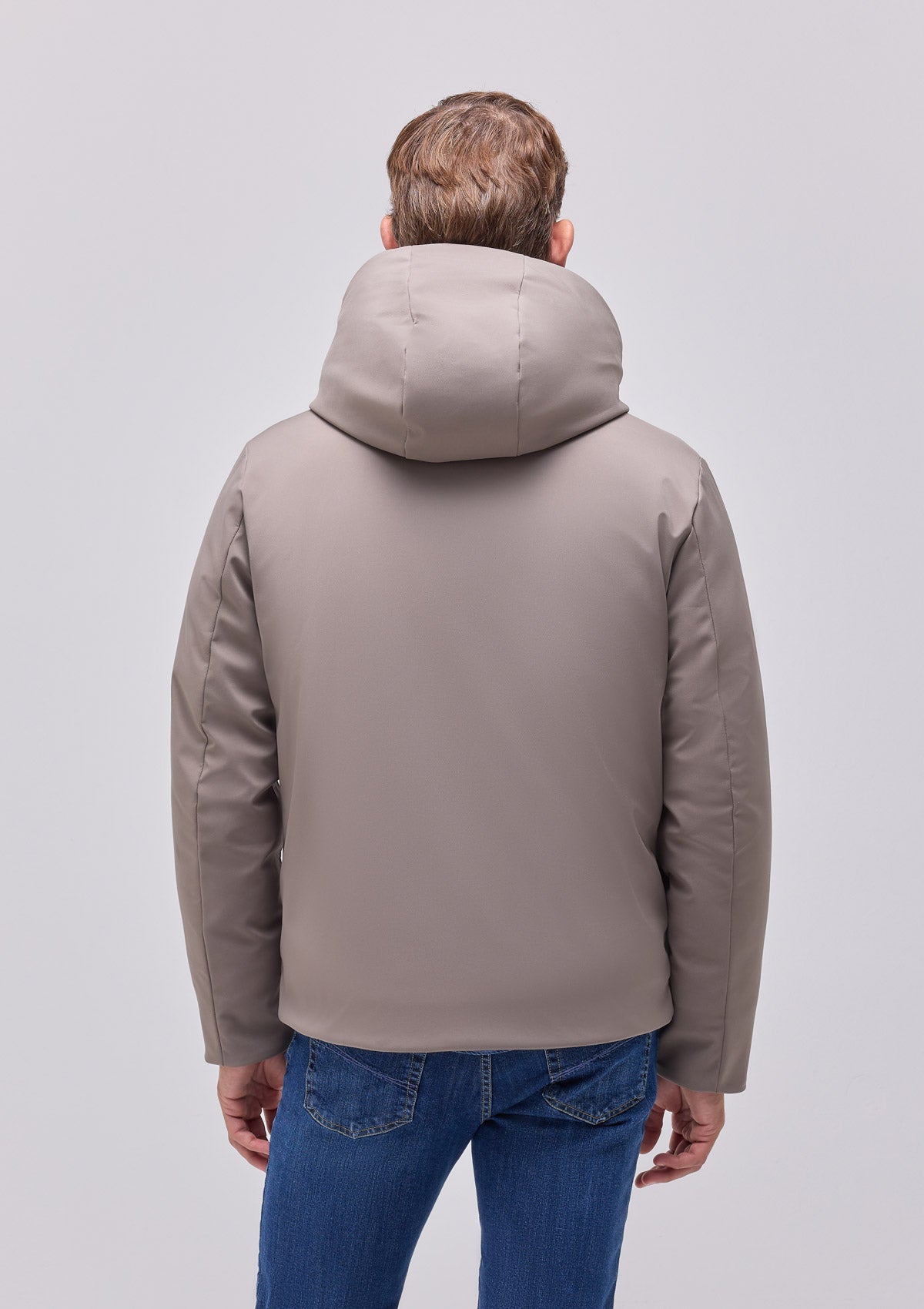 Short padded parka in techno stretch detachable hood