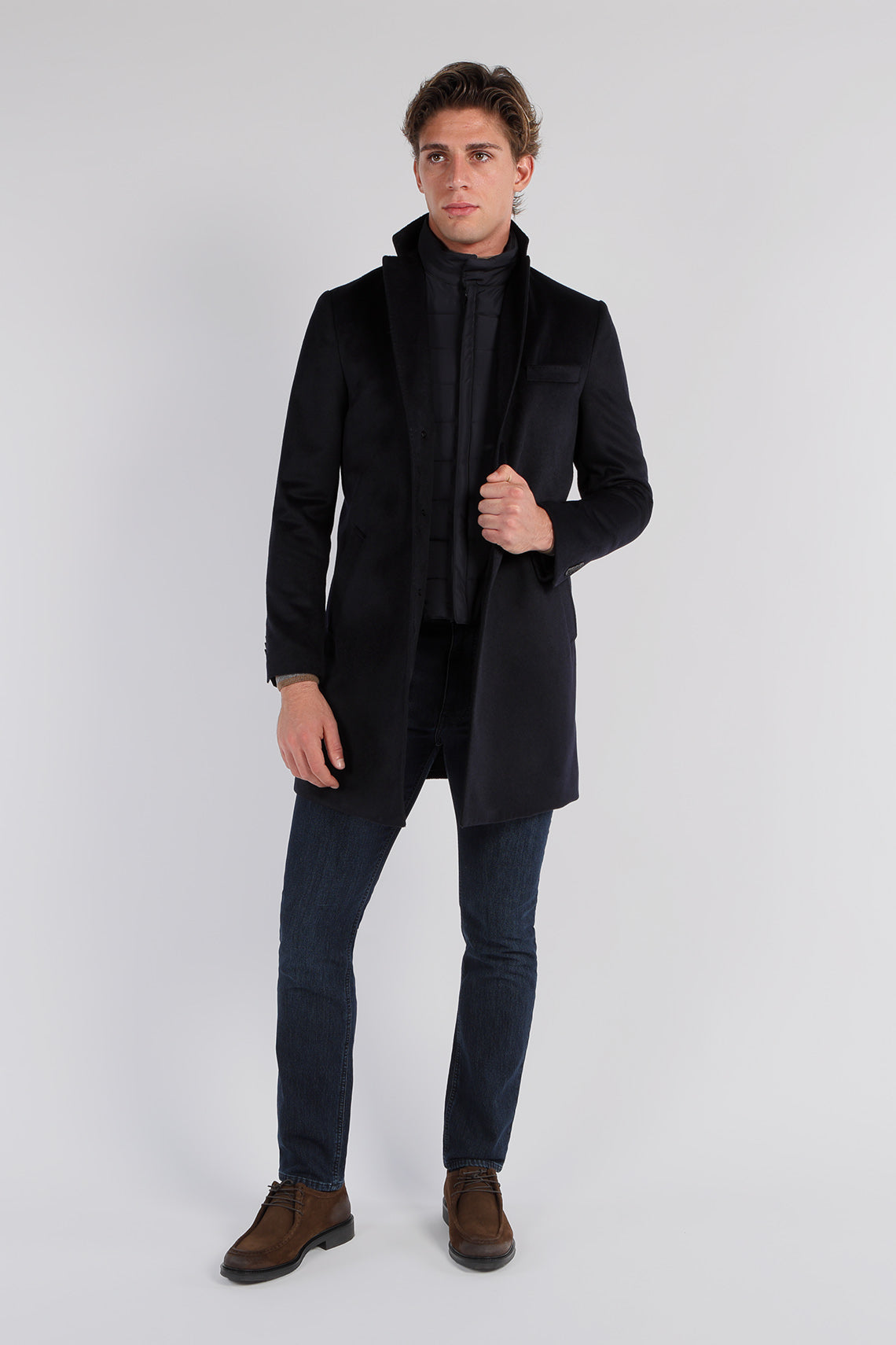 Single-breasted wool coat with detachable bib