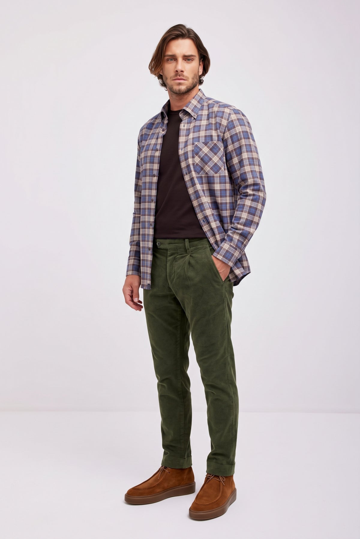 Stretch Moleskin Chino Trousers with Single Pleat Custom Fit