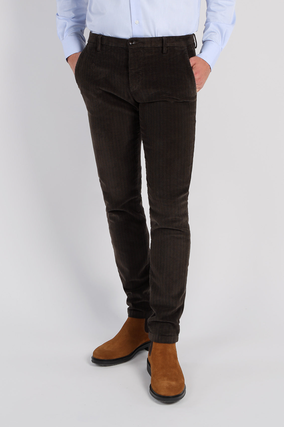 Pantalone chino in velluto stampato stretch tinto capo slim fit