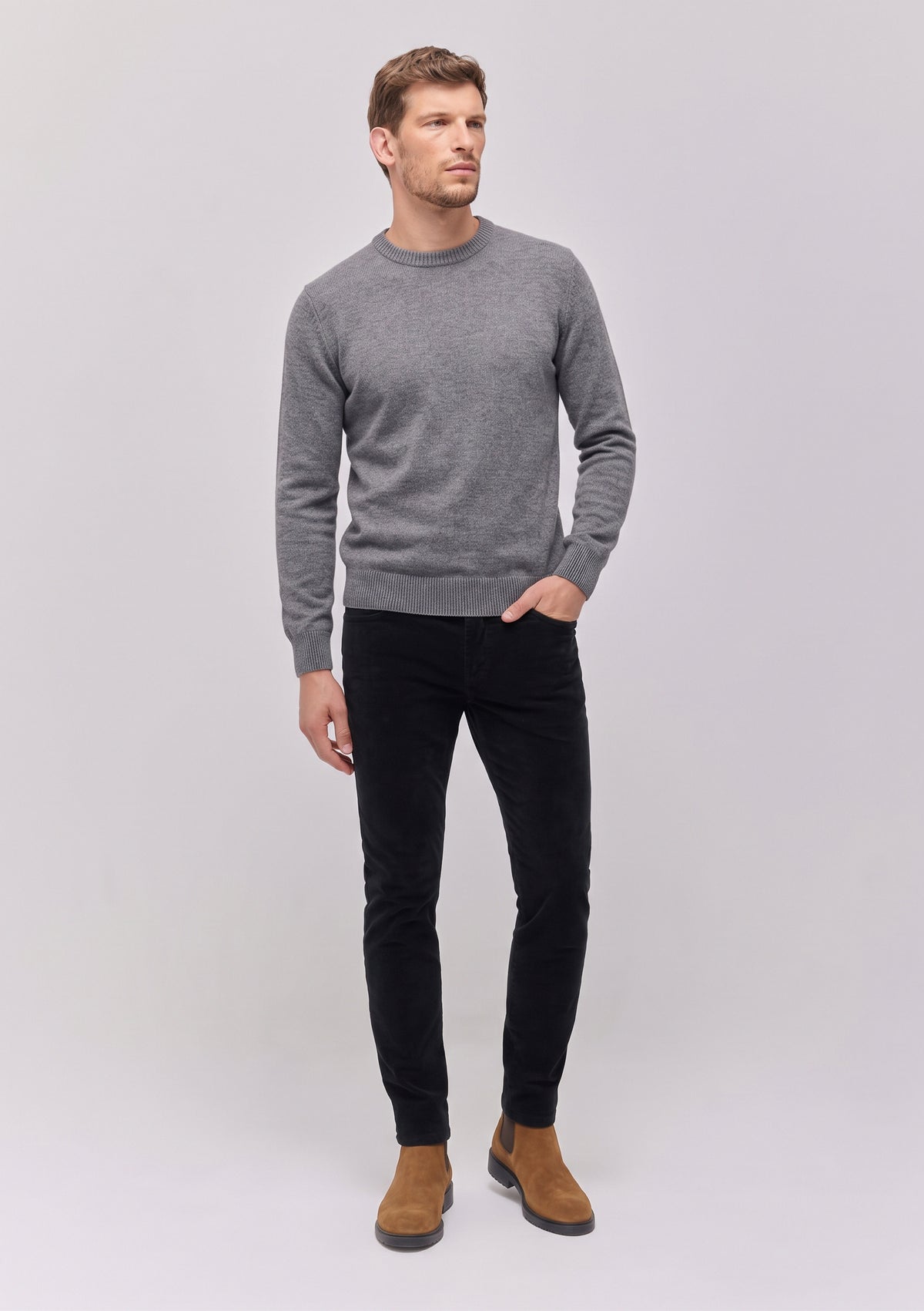 Garment-Dyed Stretch Moleskin Chino Trousers Side Cut Slim Fit